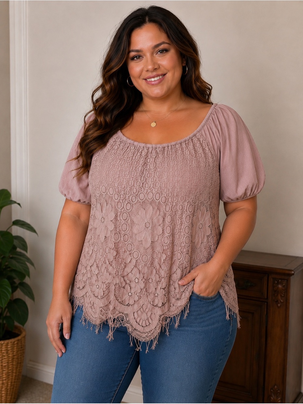 Suzanne Betro Dusty Rose Lace Crochet Puff Sleeve Top